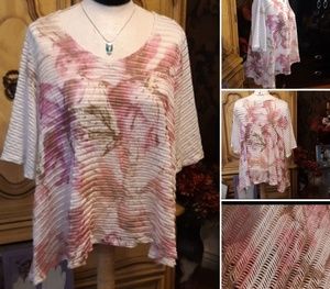 Womens Mesh knit Blouse Over Shirt Pink white Brown Floral design Plus Sz 1x